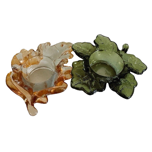 Vintage Maple Leaf Green & Orange Glass Votive Tea Light Candle Holder Set - Picture 1 of 12